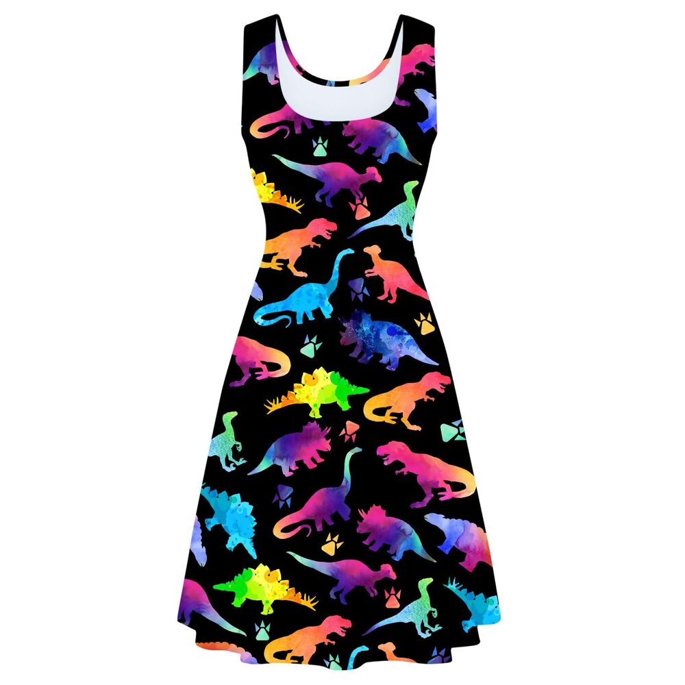6567 Neon Dinosaur Dress Sleeveless Scoop Neck Slim Fit Summer Midi Dress